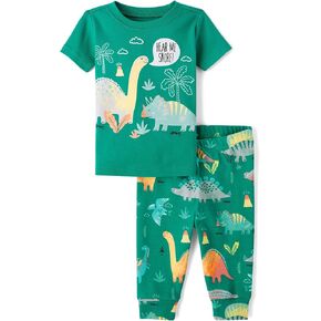 The Children's Place,Baby Boys,and Toddler Snug Fit 100% Cotton Short Sleeve Top and Pants 2 Piece Pajama Set,Dinos Green,2 Years