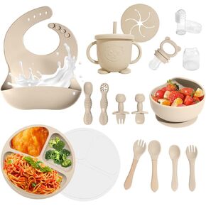 Baby Led Weaning Supplies, 8 Piece BPA-Free Silicone Feeding Set, Silicone Suction Bowl, Forks & Spoons, Bib & Cup, Develops Self Feeding Skills, Dishwasher Safe, for 6+ Months (Pink)