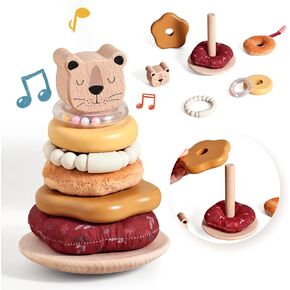 Baby Stacking Rings Toy, 8-Layer Lion Wooden & Plush Stacker, Silicone Teether Bracelet, Rattle Ring, Montessori Educational Toy for Early Learning Gift