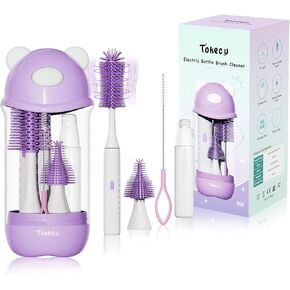 Electric Bottle Brush Cleaner Set, Bear-Shaped Travel Baby Bottle Cleaner Kit with Silicone Nipple & Straw Brush, Soap Dispenser, Drainage Rack, Storage Box(Purple)