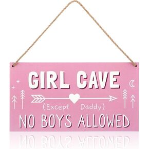Girl Cave Sign, 1Pcs Girls Bedroom Decor No Boys Allowed Sign Pink Cute and Funny Girl Cave Hanging Wooden Door Sign with String Wall Decor for Girls Cave Room Bedroom Dorm