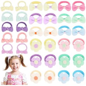 Toddler Hair Ties 34 Pack Soft Hair Bands for Little Girls Elastics Baby Hair Ties No Damage Cute Candy Colorful Pony Tails Holders with Flower and Bows Hair Accessories for Girls