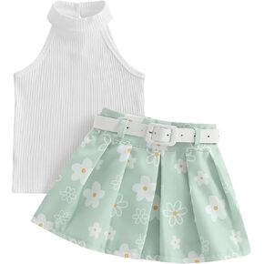 Toddler Baby Girl Summer Clothes Sleeveless Knit Vest Top Floral Pleated Mini Skirts Set Kids Summer 2Pcs Outfits