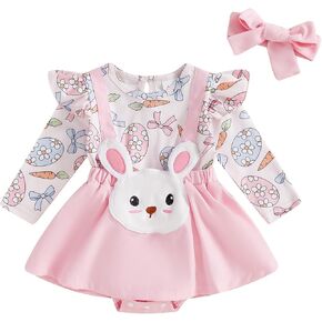 Adobabirl Baby Girl Easter Bunny Romper Dress Ruffle Long Sleeve Egg Carrot Skirt Hem Bodysuit Cute Easter Outfit+Headband