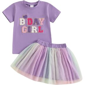 Toddler Girl Birthday Outfit Birthday Girl Embroidery Short Sleeve T-Shirt Tutu Skirt Set Party Clothes for Girls
