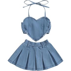 2PCS Baby Girl Denim Clothes Tie-Up Neck Sleeveless Heart Shape Crop Tops + Pleated Skirt Sets