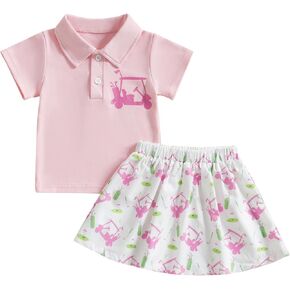 Gueuusu Toddler Girl Golf Outfit Short Sleeve Collared T Shirt Top Elastic Waist Mini Skirt 2Pcs Summer Clothes