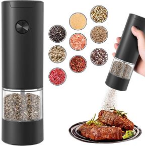 Gravity Electric Pepper and Salt Grinder, Adjustable Coarseness, With LED Light, One Hand Automatic Operation, Stainless Steel Black