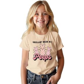MODNTOGA Easter Bunny Shirt Girls Chillin' with My Peeps T-Shirt Toddler Girl Checkerboard Bunny Graphic Tee Tops 18M-12 Year