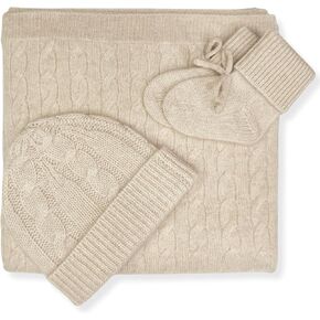 Jet&Bo BABY 100% Cashmere Baby Blanket, Beanie and Booties Gift Set Cable Knit Design in Brown Sugar – Unisex, Size 0-6 Months - Gift Box and Card Included