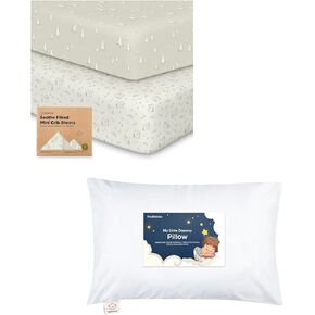 Keababies 2-Pack Mini Crib Sheets Fitted, Cotton Pack and Toddler Pillow with Pillowcase - Playard Baby Crib Sheets, Jersey Crib Sheets Neutral - 13X18 Soft Cotton Toddler Pillows for Sleeping