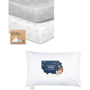 Keababies 2-Pack Mini Crib Sheets Fitted, Cotton Pack and Toddler Pillow with Pillowcase - Playard Baby Crib Sheets, Jersey Crib Sheets Neutral - 13X18 Soft Cotton Toddler Pillows for Sleeping