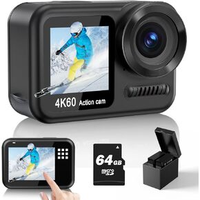 Upgrade 4K60FPS WiFi Action Camera 64MP Waterproof Camera with Touch Rear Screen, 8X Zoom Underwater Camera Snorkeling 65FT No Need a Waterproof Case with 64GB Card, Ideal for Travel Sports Vlog