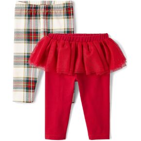 The Children's Place,Baby Girls,and Newborn Knit Pull On Pants,Red Tutu/White Plaid 2-Pack,12 Months,18 Months
