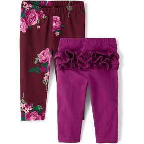 The Children's Place,Baby Girls,and Newborn Knit Pull On Pants,Floral/Fuschia Ruffle 2-Pack,3 Months,6 Months