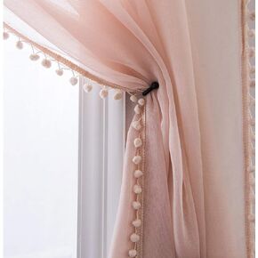 MISS SELECTEX Linen Look Pom Pom Tasseled Sheer Curtains - Rod Pocket Voile Semi-Sheer Curtains for Living and Bedroom, Set of 2 Curtain Panels (52 x 84 inch, Blush)