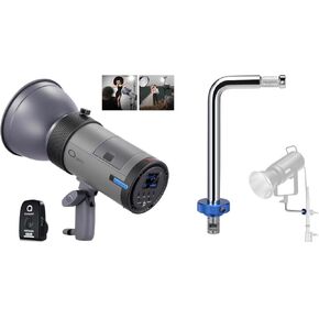 NEEWER Q300 300Ws 2.4G Outdoor Studio Flash 7800mAh Li ion Battery Powered Strobe Light Photography Cordless Monolight with 1000 Full Power Flash, UA046 5/8" Baby Pin Stud Right Angle Grip Arm