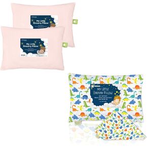 KeaBabies 2-Pack Toddler Pillow and Toddler Pillowcase for 13X18 Pillow Bundle - Organic Toddler Pillow (Misk Pink) and Pillowcase (Happy Dino) for Girl, Boy, Kids