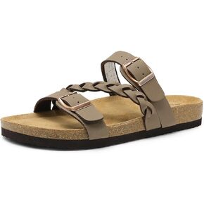 DREAM PAIRS Women's Slides Soft Cork Footbed Sandals Comfortable Walking Slip-on Flat Sandals Arch Support Adjustable Buckle Braided Straps Slippers