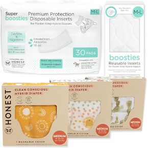 Honest Hybrid Cloth Diaper Cover + Super Boosties Disposable Inserts 30ct + Reusable Inserts, Medium (12-25 lbs), Cotton Muslin Honest Covers Feature Pocket-Sling, Starter Kit