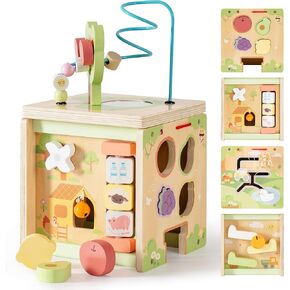 ROBOTIME Wooden Activity Cube with Bear Orchard Theme, 9-in-1 Montessori Toys for 12M+ Boys & Girls, Educational Learning Toys for Toddlers Age 1-3, 1st Birthday Gift