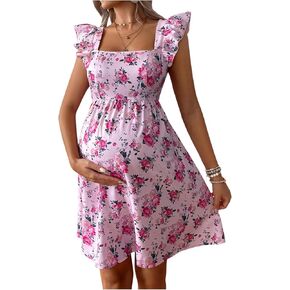 MakeMeChic Women's Maternity Dress Floral Ruffle Sleeve Tie Back A Line Pregnancy Mini Dresses