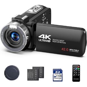 Camcorder Video Camera 4k 42MP, 18X Digital Zoom Vlogging Video Recorder for YouTube 3"270°Rotation Screen Compact 4K Travel Camcorders with 2 Batteries, 32GB SD Card, Remote Control