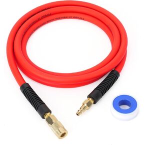 Air Compressor Whip Hose 3/8 Inch x 6 Feet Lead in Hybrid Hose with Fittings, Flexible and Kink Resistant, 1/4" Industrial Quick Coupler and Plug Kit, Red