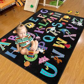 ABC Alphabet Rug, Classroom Playmat Rugs - 6x9 Ft Kids Carpet with Rubber Backing, Colorful Cartoon Letters Kids Play Mat Nursery Rugs for Toddlers Children Bedroom Playroom - Black