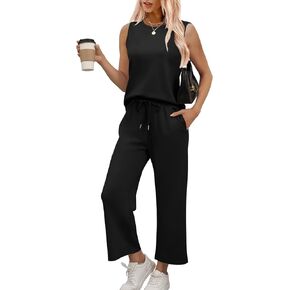 WIHOLL Two Piece Set for Women Summer Outfits Vacation Lounge Sets Round Neck Matching Sets Wide Leg Crop Pants