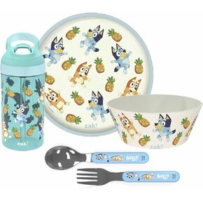 Zak Designs 5-Piece Dinnerware Set, Bluey - Durable Plastic & Stainless Steel - Includes Water Bottle, 8-Inch Plate, 6-Inch Bowl, Fork & Spoon - Suitable for Kids Ages 3+