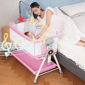 Baby Bassinet, Rocking Bassinet 3 in 1 Bassinets Bedside Sleeper with Musical Toys, Bedside Bassinet for Baby with Storage Basket and Wheels, Adjustable Bedside Crib for Newborn (Pink)