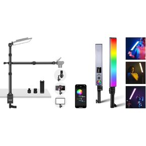 NEEWER TL253A+DS001 Table Camera Tripod with 2 Telescopic Arms, Phone Holder, Ball Heads, Screw Adapter, Table Light Stand for Camera, Mobile Phone, Webcam, Ring Light, BH30S RGB Light Wand Included