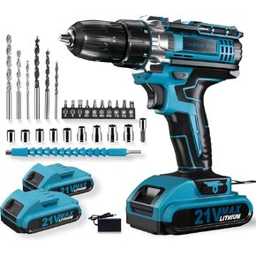 Drill, Cordless Drill with Dual 2.0Ah Battery, Electric Drills 3/8 Inch Chuck 370 In-lbs, 25+1 Torque Power Combi Screwdiver Set with Battery and Charger, 2 Speed LED Light 27 Accessories