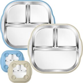BUSOHA 2 Pack Stainless Steel Kids Plate with Suction - 9.4"X 8.6" Divided Toddler Baby Plates with Silicone Sleeves Non-Slip 2-in-1 Anti Breakage Metal Toddler Bowls