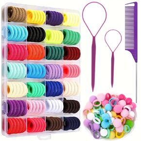 340 Pcs Baby Hair Ties, 32 Colors Cotton Toddler Hair Ties with Organizer Box, 1 Inch Seamless Baby Hair Bands for Toddler Girls, Soft Elastic Ponytail Holders with 3 Hair Loop Styling Tool