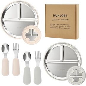 2-Pack Stainless Steel Baby Plates with Suction, 2 Baby Spoons & Forks Set, Lead-Free BPA-Free Toddler Utensils for Baby-Led Weaning
