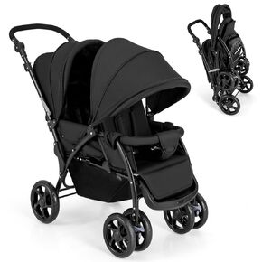 GLACER Foldable Twin Stroller, Double Baby Stroller w/Multi-Level Backrest, Canopy, Handle & Footrest, Safety Belt & Brake System, Travel Tandem Seating Stroller w/Lockable Wheels (Gray)