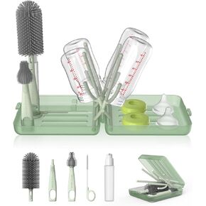 YOTIME Travel Bottle Brush Set, Auto-Open Rack & Vertical Brushs Drying Slots, 3 Brushes, Foldable Drying Rack, Dispenser, Travel Baby Essentials for On-The-Go Parents, Coffee