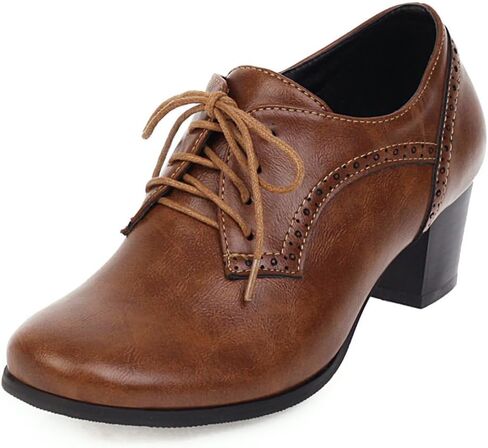 نساء مغلق من اصبع القدم مكتنزة كعب الكعب Oxfords Wingtip Lace Up Mid Heel Pumps Vintage Brogue Shoes in Kuwait