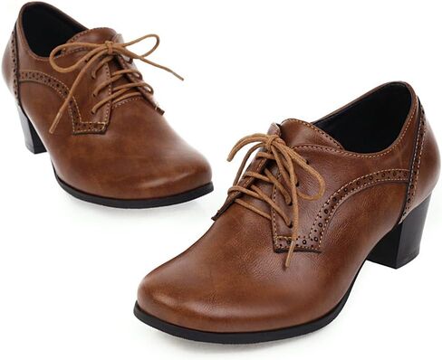 نساء مغلق من اصبع القدم مكتنزة كعب الكعب Oxfords Wingtip Lace Up Mid Heel Pumps Vintage Brogue Shoes in Kuwait