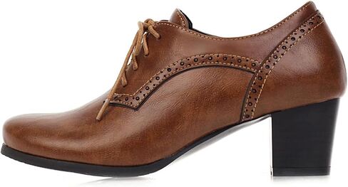 نساء مغلق من اصبع القدم مكتنزة كعب الكعب Oxfords Wingtip Lace Up Mid Heel Pumps Vintage Brogue Shoes in Kuwait