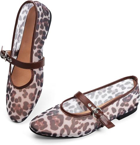Leopard Flats for Women Mesh Ballet Flats Mary Jane Animal Print Shoes Slip On Casual Breathable Ballerina Flats in Kuwait