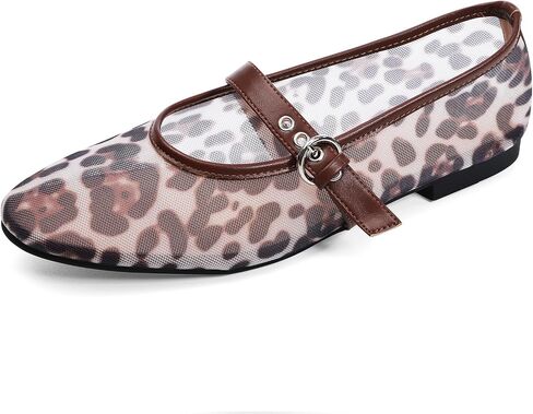 Leopard Flats for Women Mesh Ballet Flats Mary Jane Animal Print Shoes Slip On Casual Breathable Ballerina Flats in Kuwait