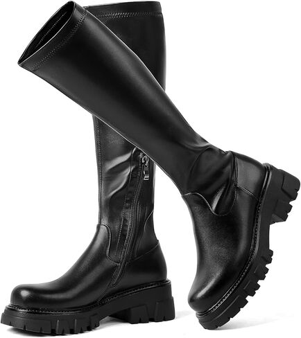 CouieCuies Women's Knee High Boots Black Tall Boot Lug Sole Shoes Stretch Below the Knee Comfortable Thick Sole Dressy Half Zipper in Kuwait