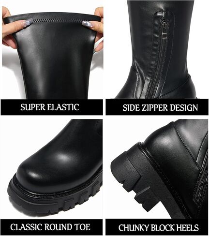 CouieCuies Women's Knee High Boots Black Tall Boot Lug Sole Shoes Stretch Below the Knee Comfortable Thick Sole Dressy Half Zipper in Kuwait