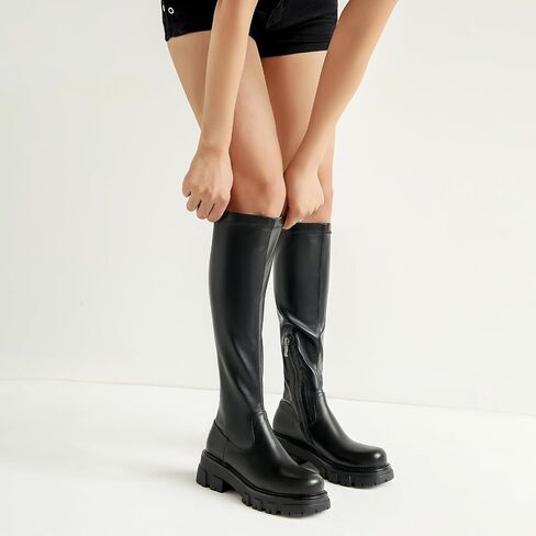 CouieCuies Women's Knee High Boots Black Tall Boot Lug Sole Shoes Stretch Below the Knee Comfortable Thick Sole Dressy Half Zipper in Kuwait