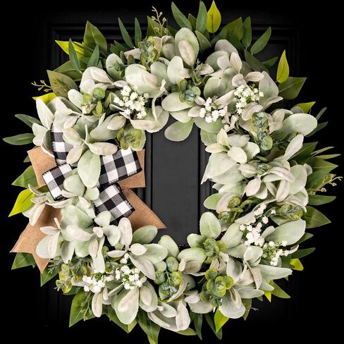 Lambs Ear Wreaths for Front Door All Season, 20" Spring Summer Wreath with Lavender Bow, Green Handmade Farmhouse Wreath for Home Decor Pocrh Wall in Saudi Arabia