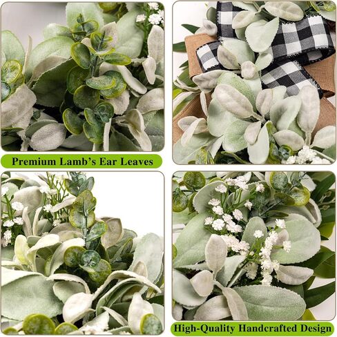 Lambs Ear Wreaths for Front Door All Season, 20" Spring Summer Wreath with Lavender Bow, Green Handmade Farmhouse Wreath for Home Decor Pocrh Wall in Saudi Arabia