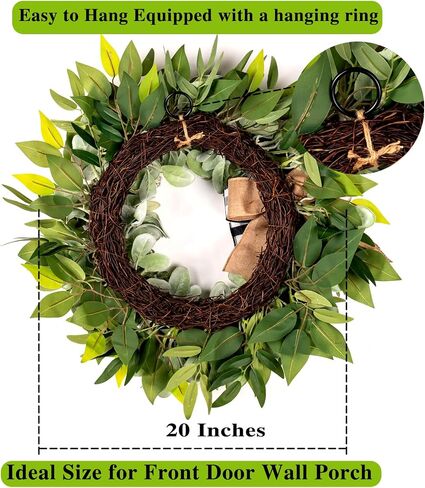 Lambs Ear Wreaths for Front Door All Season, 20" Spring Summer Wreath with Lavender Bow, Green Handmade Farmhouse Wreath for Home Decor Pocrh Wall in Saudi Arabia
